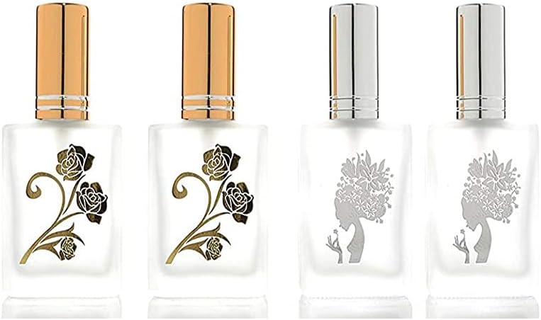 4 Pcs 15ML Frosted Glass Spray Bottle,Empty Square Perfume Atomizer,Fine Mist Spray,Gold Sprayer for Essential Oils Fragrance Cosmetic Liquids Lotion (2 Gold + 2 Silver Color)