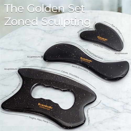 Image of Scienlodic 3 Pcs Gua Sha Massage Tools for Face & Body (Black Gold, Resin) - Scraping Tools for Back, Legs & Muscle Relaxation, Guasha Facial Tool for Jawline Contouring & Puffiness Reduction