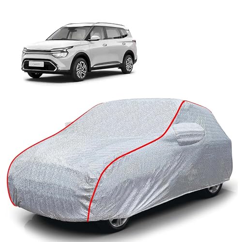 Image of Sulfar 100% Waterproof Car Body Cover Compatible with Mirror for Kia Carens (Triple Stitched, Full Bottom Elastic, Magic Silver with Red Piping)