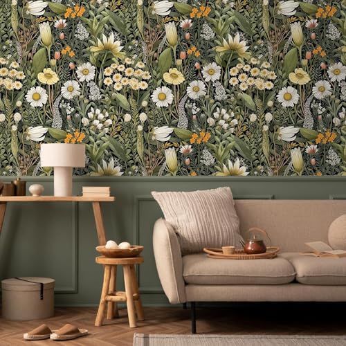 Image of Peel and Stick Vintage Flowers Leaves Design Wallpaper | Waterproof Removable Wallpaper | Self Adhesive Wallpaper for Bedroom Living Room Home & Kitchen |16.5X87Inch