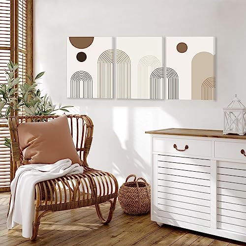 Abstract Boho Wall Art Set of 3, Mid-Century Modern Wall Prints, Framed Canvas Wall Art for Living Room, Minimalist Neutral Beige Brown Geometry Artwork Paintings, Modern Boho Room Decor Ready To Hang