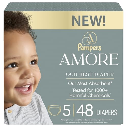 Image of Pampers Amore, Size 5 (20-37 lbs), 48 Count, Our Best Diaper - Hypoallergenic & Fragrance Free, Up to 100% Leakproof, Soft as Cashmere
