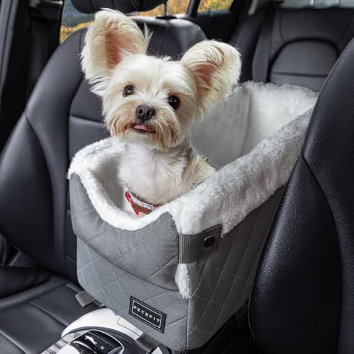 Petsfit Seggiolino auto per cani di piccola taglia per consolle centrale, con imbracatura migliorata e cuscino lavabile, sedile auto per cani fino a 5.4kg, Grigio