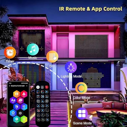 Image of Smart Animated Curtain String Lights Remote APP Control 2.4 x 2.4m 256LED RGB Color Changing Waterproof DIY Hanging Window Fairy Lights Programmable Music Sync for Festival Decoration
