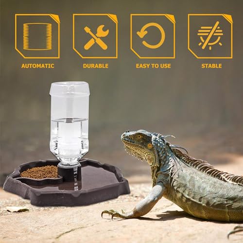 Taicols Schildkröten Wasserschale, Reptilien Wasserspender, Schildkröten Wasserspender mit Flasche, 2 in 1 Reptilien Automatisierte Futterspender, für Schildkröten, Hamster, Eidechse (Braun)