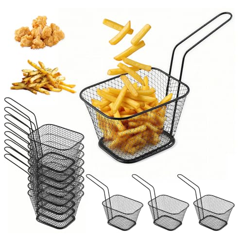 12 mini cestas para freír – Cesta pequeña de acero inoxidable – Adecuado para servir patatas fritas, camarones y aros de cebolla, color negro (12)