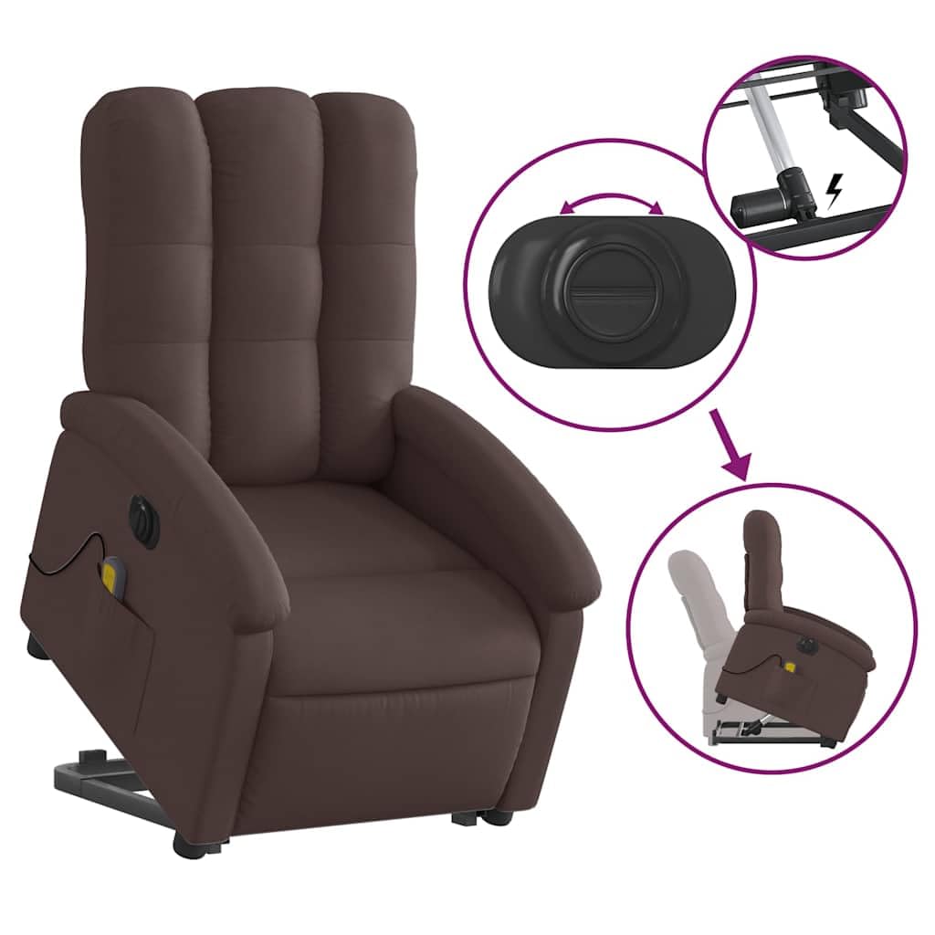 Sillón elevador eléctrico reclinable con 6 puntos de vibración, tejido marrón oscuro, función elevación e inclinación 135°, marco estable, cómodo