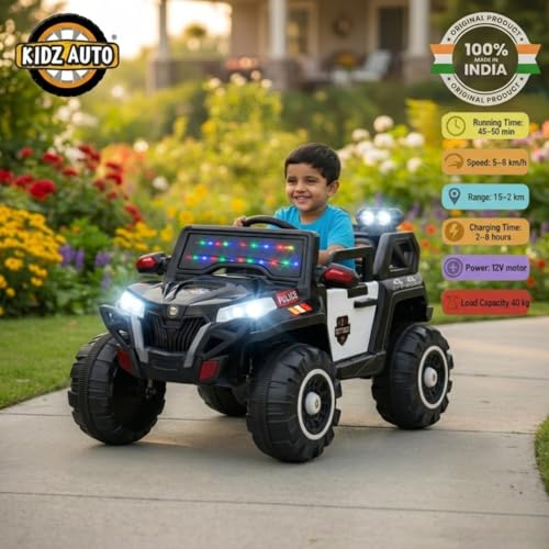 Image of KAB J 2188 Kids Electric Ride-On Jeep with Remote Control | Rechargeable Battery Operated Toy Car with Music, Decorative Lights, Openable Doors, Suspension & Bonnet Lighting | Police
