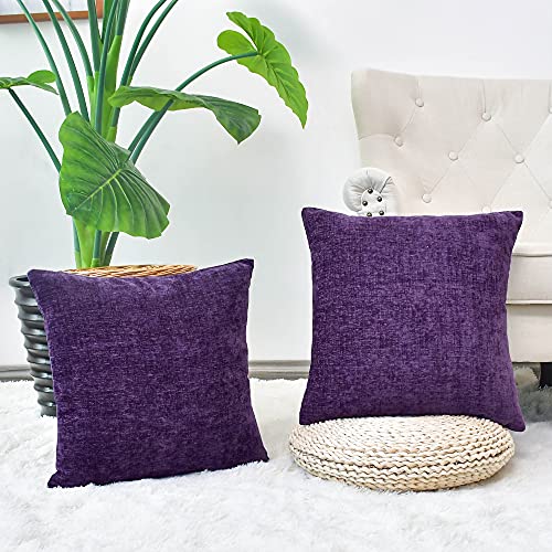 Image of CaliTime Pack of 2 Cozy Throw Pillow Covers Cases for Couch Sofa Home Decoration Solid Dyed Soft Chenille 12 X 12 Inches Plum Purple