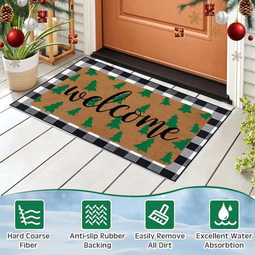 Tinideya クリスマスウェルカムドアマット 23x35インチ レイヤードバッファローチェックカーペットコケット ノンスリップ クリスマスツリー バスルーム コイアマット かわいい 玄関ポーチ用 屋内外 ホームデコレーション ギフト用品 [3]