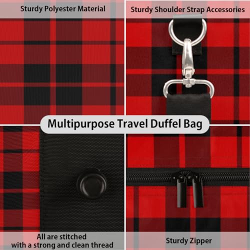 Rustic Buffalo Check Plaid Travel Duffel Bag, Black Red Tartan Sports Tote Gym Bag, Foldable Weekender Overnight Bag, Luggage Handle Bag for Women Men3