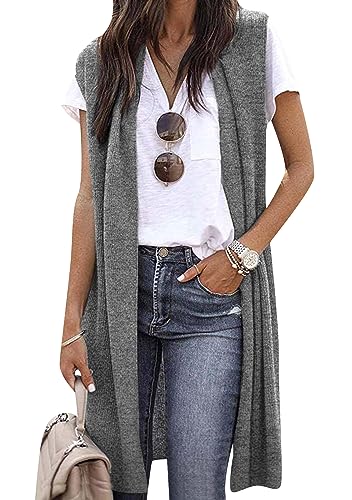 OMZIN Damen Lange Strick Leichte Cardigan Weste Casual Ärmellos Offene Front Einfarbige Drapierte Weste Hellgrau L