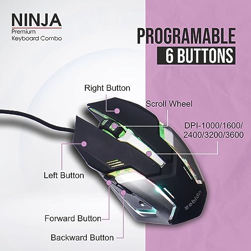 Image of Zebion Ninja M Wired Optical Gaming Mouse (USB 2.0, Black) Come with RGB Light, Adjustable DPI 1000 /1600 /2400 & 3200, 6 Buttons, 1 Year Warranty