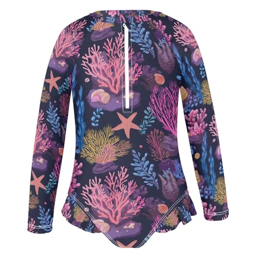 ALAZA Coral Reef Starfish Black Girls One Piece Swimsuit Long Sleeve Rash Guard Swimsuits UV 50+ Swimwear Zipper2