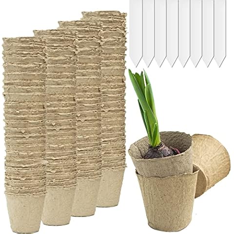 SA Products Seeding Pots - 100Pcs Planting Cups with Plant Labels - Eco-Friendly Paper Pulp - Biodegradable Fibre Seedling Pots for Veggies, Flowers - Improved Water Absorption and Plant Hydration Cover