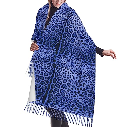 BdgWKseH Bufanda grande de cachemira para mujer, con borlas, chal cálido para fiestas, Impresión de leopardo azul., talla única