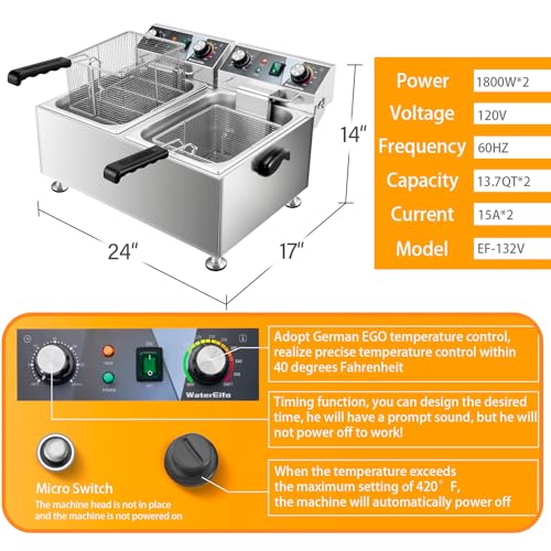 Deep Fryer Commercial Deep Fryers With Basket13Lx2 13.7Qt x 2 Thicken With Precise Temperature Control Timer Double Deep Fryer With 2 Baskets1800Wattsx2 120V Countertop Fryer Restaurant