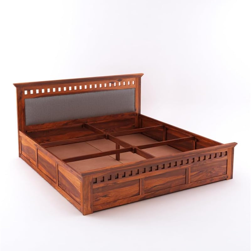 Image of Amazon Brand - Solimo Solid Sheesham Wood Kuber Queen Size Upholstered Bed with Box Storage + 2 Bedside | Wooden Queen Size Cot Bed | Double Bed with 2 Bedside Furniture for Bedroom (Honey Finish)