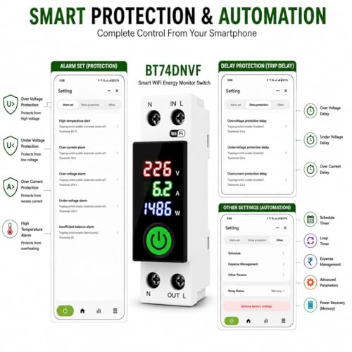 Image of Blackt Electrotech BT74NVF 63A Wi-Fi Circuit Breaker with Over-Voltage, Current Protection & Energy Metering Remote Control, Timer, & Power Monitoring | Smart Life, Alexa (With Dispaly)