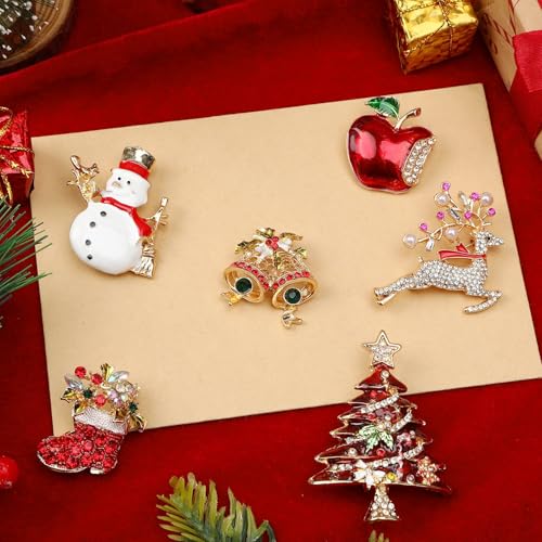 Image of 6 Pieces Merry Christmas Pins Brooch, Rhinestone Crystal Christmas Pin Enamel Christmas Bells Snowmen Socks Elk Brooch Christmas Decoration Ladies Holiday Gift Jewelry Party