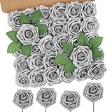 MACTING 30PCS Artificial Glitter Roses Real Touch Fake Flowers with Stem Soft Foam Roses for DIY Wedding Bouquet Table Centerpieces Party Holiday Wreath Home Mothers Day Decorations(Silver)