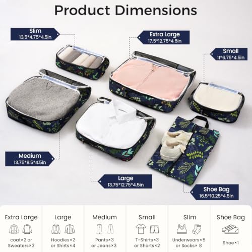 Image of BAGAIL 4 Set /6 Set /8 Set Compression Packing Cubes Travel Accessories Expandable Packing Organizers (Half Mesh, 6-Navy Leaf)