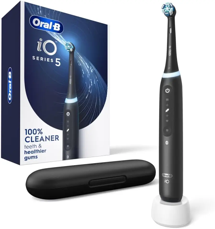 Oral-B iO Series 5 Rechargeable Electric Toothbrush with Visible Pressure Sensor to Protect Gums, 2 Minute Timer, 5 Cleaning Settings, 1 Replacement Toothbrush Heads, and Travel Case, Black