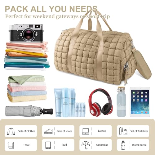 Image of Quilted Travel Duffle Bag Gym Bag for Women,Large Puffer Duffle Weekender Bag with Compartment,Workout Overnight Carry on Organizer Bag Duffle Bag for Airplane Travel(L-Khaki)