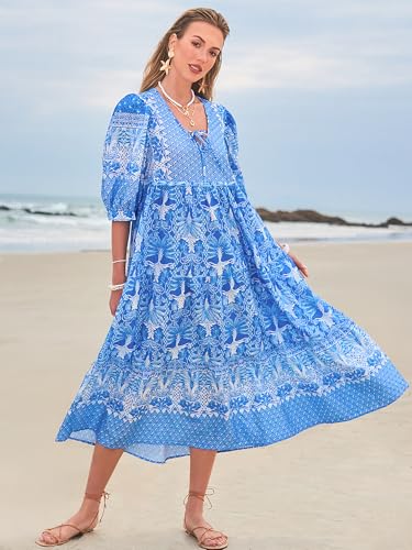 Image of LUXVEER Women's Floral Boho Maxi Dress 2026 Summer V Neck Puff Sleeve Casual Loose Flowy Long Beach Dresses