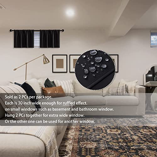 Basement Window Curtains 16 Inch Length,2 Pack/Wide Enough Ruffle Rod Pocket Small Waterproof Blackout Valances For Living Room Modern Decor Bedroom Rv Camper Bathroom Windows,Valance Only,Black #TOP4