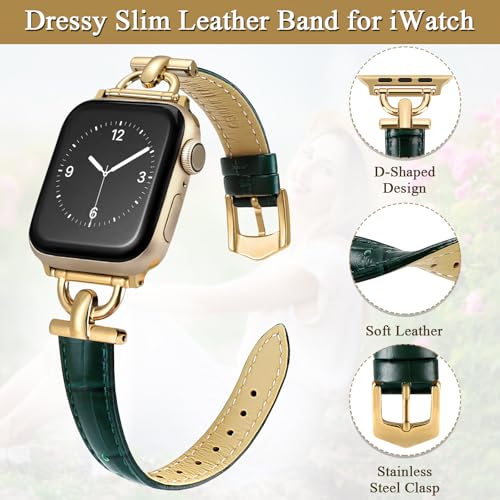 Image of Leather Band Compatible with Apple Watch Bands for Women, Dressy Fancy Strap for iWatch Series 11 /10 /9 /8 /7 /6 /5 /4 /3 /2 /1 /se /Ultra /Ultra 2(49mm 46mm 45mm 44mm 42mm,Dark Green /Gold)