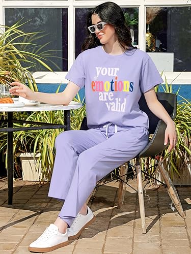Image of ZEYO Night Suit for Women's Typography Printed Cotton Night Dress of Top and Wide Bottom Pyjama