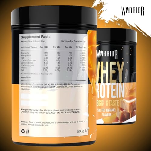 Poudre protéinée Warrior Whey 500 g (jusqu’à 36 g par portion) - Goût délicieux et riche en acides aminés - 20 portions (Caramel salé) – Image 3