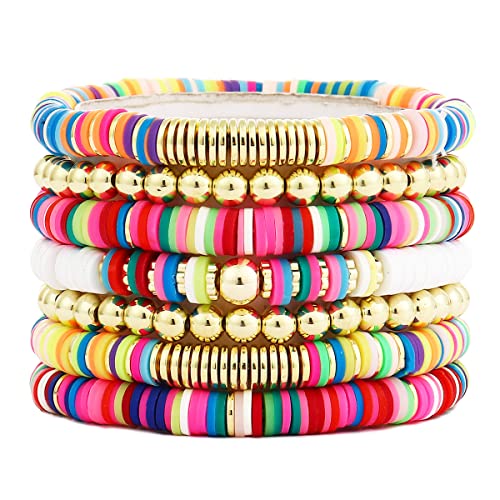 Colorful Beaded Bracelets For Women Heishi Bracelets Set Assorted Gold Bead Bracelets Set Stackable Vinyl Clay Disc Stretch Strand Bracelet #TOP5