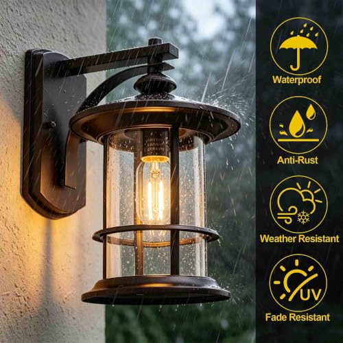 Image of MICSIU 12.5 inch Height Large Farmhouse Bronze Outdoor Wall Light, Max 100W | 8 inch Wide Rustic Exterior Fixture with Clear Seedy Glass, Weatherproof Porch Light for Front Door, Garage, Gate, Patio, Deck