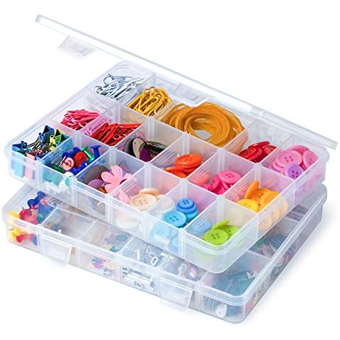 iBune 2 Pack 18 Grids Plastic Compartment Container, Bead Storage Organizer Box Case with Adjustable Removable Dividers for Jewelry Craft Tackles Tools, Size 7.8 x 6.3 x 1.2 in, White Cover