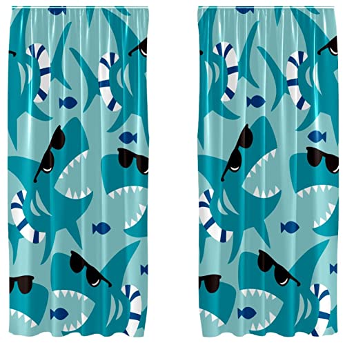 Cortinas para ventana de dormitorio con diseño de tiburón azul, set de dos piezas 55x84'' 2