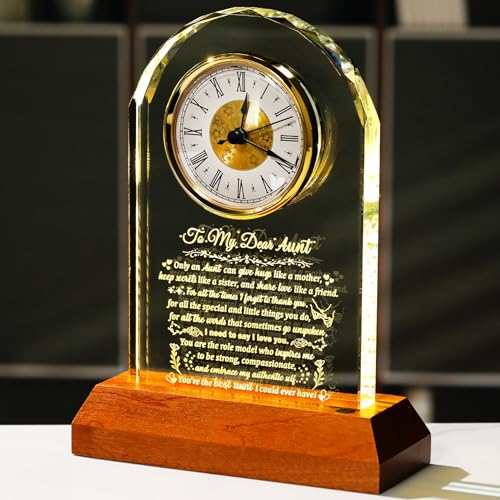 Image of Arikyrist Aunt Gifts from Niece Nephew with Wooden Light Base Meaningful Glass Clock Aunt Birthday Gifts Unique Presents for Best Auntie Christmas Mother's Day Thanksgiving Table Decor