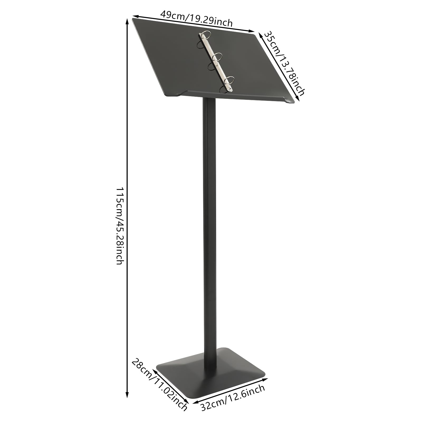 Soporte para menús, 32 x 28 cm, de metal negro, con anillas de 3 cm y ángulo de inclinación ajustable, altura de 115 cm, soporte de información