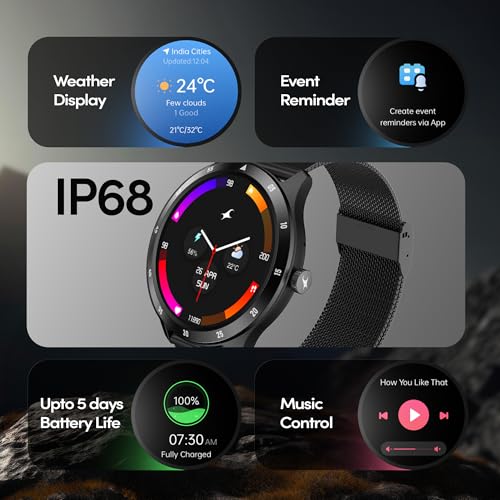 Image of Fastrack Jupiter R2 Smart Watch for Man & Smart Watch for Women with 1.38 inch Display, BT Calling, Functional Crown, 100+ Sports Modes, Health Suite, SOS, IP68, 5 Days Battery (Black Mesh)