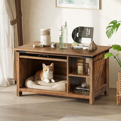 Image of WLIVE Wooden Coffee Table with Flip-up Door, 2-in-1 Cat House, Brown