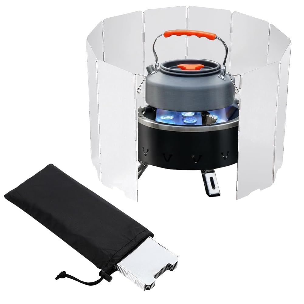 10 Plates Stove Windscreen, Aluminum Stove Windshield with Drawstring Bag, for Camping, Butane Stoves