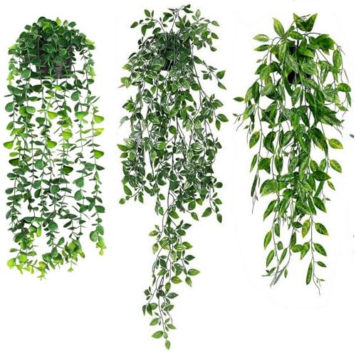 Artificial Hanging PlantsFake Hanging Plants Faux Eucalyptus Vine 3 Pcs Artificial Ivy Leaf Plants for Outdoor Indoor Décor Fake Potted Greenery Plants for Wall Home Garden Shelf Room Party Decor