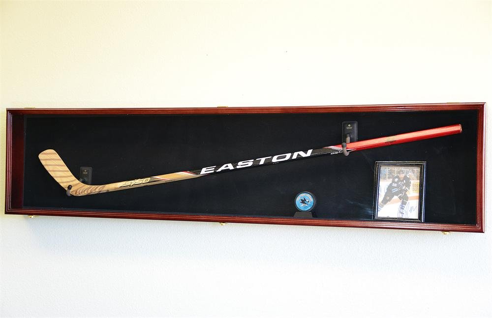 Hockey Stick Puck Display Case Rack Holder Full Size Wall Mounted (Cherry Wood Finish, Red Background)