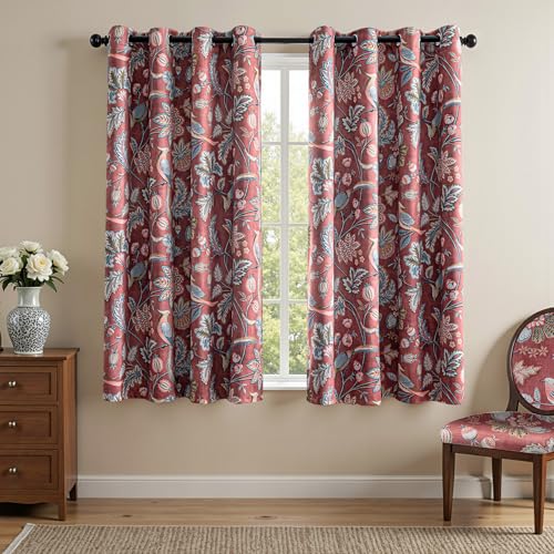 Image of MYSKY HOME Terracotta Boho Floral Blackout Curtains 63 inch Long for Living Room Darkening Thermal Insulated Vintage Farmhouse Bedroom Curtain with Flower Bird Patterned Grommet Drape, 2 Pcs, 52 inchx 63 inch