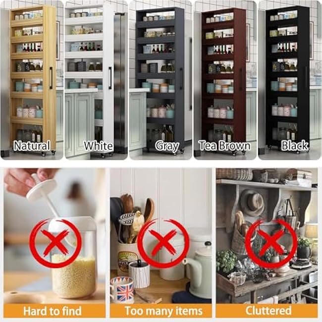 72.4in Rolling Spice Rack Next to Fridge Slim Kitchen Storage Cabinet 7-Tier Tall Pantry Cabinet Lightweight Storage Cart Thickened Plate for Dining Room Restaurant(Natural,7.9Wx21.7Dx72.4H)-D2qX7pjy
