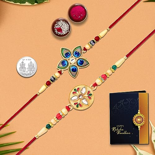 Image of Oblivion Rakhi Combo Set for Brother & Bhabhi - Multi-Colour Festival Gift with 2 Rakhis, Tilak Set, Pooja Coin & Greeting Card
