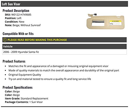 Marketplace Auto Parts - Left Driver Side Sun Visor - Beige - Compatible with 2006-2009 Hyundai Santa Fe (without Sunroof)
