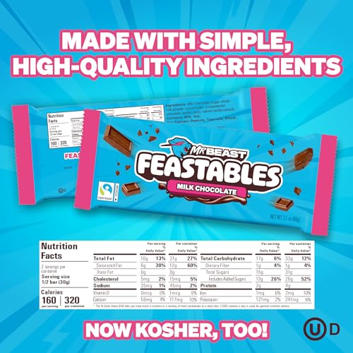 Feastables MrBeast Milk & Cookies Pack, King Size Milk Chocolate & Cookies & Creme Bars, 10 Each, Candy Bars for Adults & Kids as Snacks, Gifts, or Dessert, Fairtrade Cocoa, 2.1 Oz Each, 20 Count