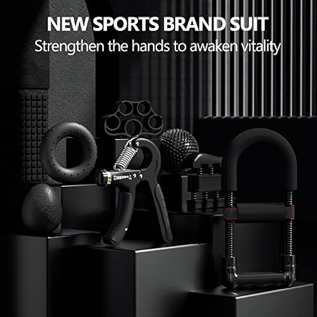 Hand Grip Strengthener Kit - Ultimate Hand Exerciser Set for Forearm Workout, Adjustable Grip Strength Trainer, Stress Relief Ball, Exercise Ring, Training and Recovery (Frosted Black)